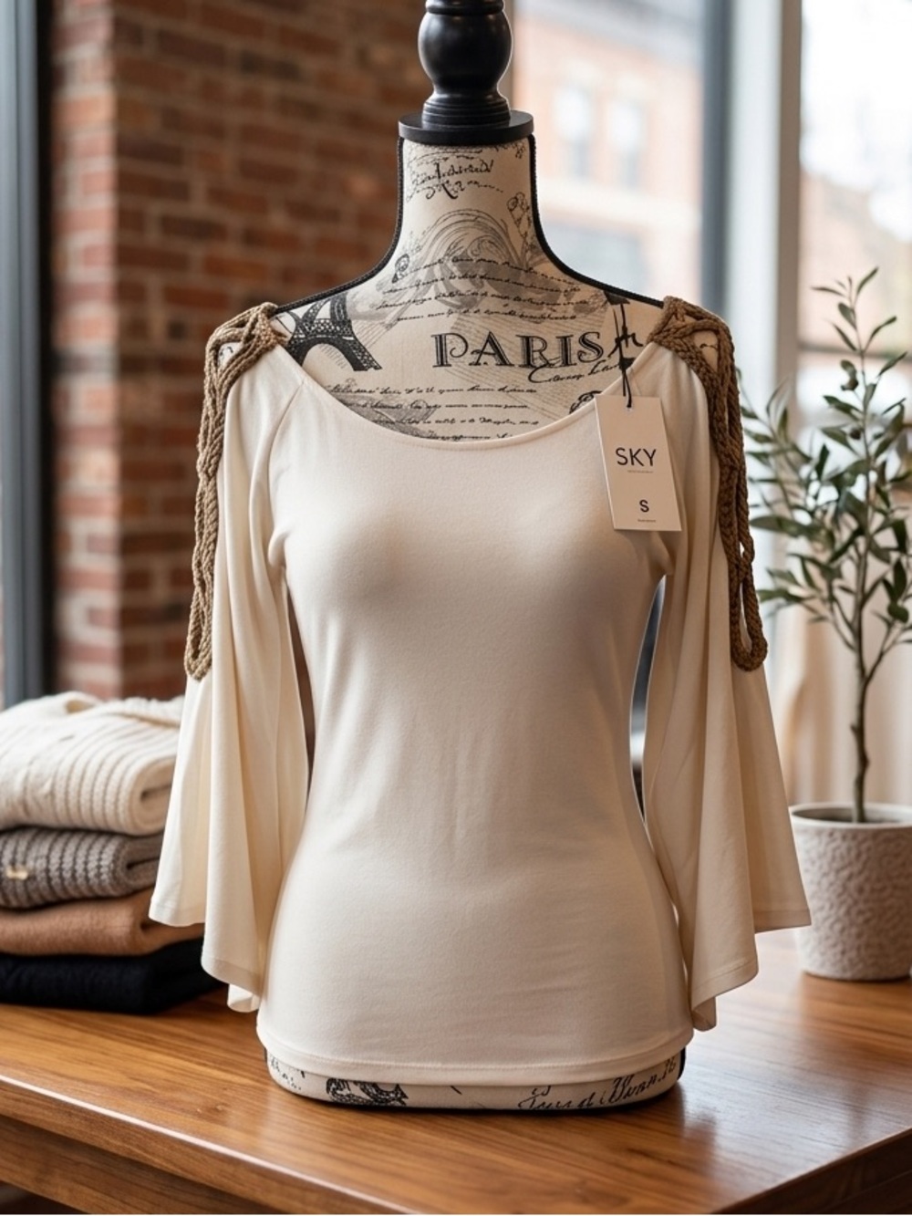SKY Boho Braided Crochet Cold Shoulder Batwing Top Cream S NWT